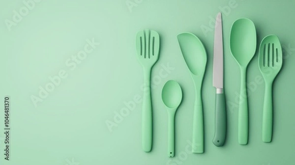 Fototapeta A minimalist arrangement of green kitchen utensils against a soft green background, emphasizing simplicity and modern design.