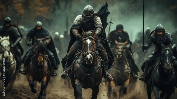 Fototapeta An army of medieval soldiers on gallant horsemen is action ready to attack background wallpaper AI generated image