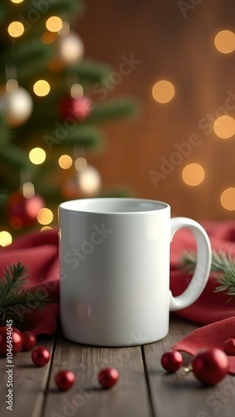 Fototapeta White cup on New Year background, blurred nice bokeh