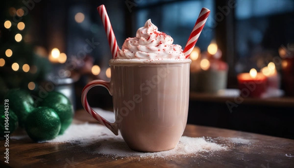 Fototapeta Delicious holiday cocoa topped with whipped cream and festive candy canes in a cozy setting with Christmas decor
