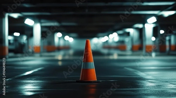 Obraz A selective focus on a single traffic cone in the middle of an empty parking lot, with blurred lines and signs 