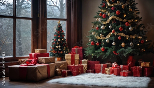 Obraz A cozy living room decorated for Christmas with two festive trees and colorful wrapped gifts on a wooden floor