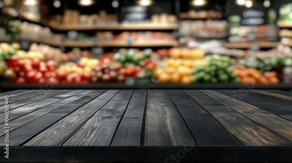 Fototapeta  Black empty table top with a blurred background of a food store interior for product display montage