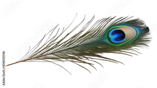 Obraz A close-up view of an iridescent peacock feather showcasing vibrant blue and green colors against a transparent background.