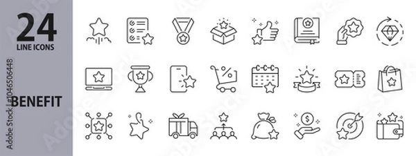 Obraz Benefit line icons set with Present, Coupon, Reward, Profit, Star, Gift, Wallet and more. Editable Stroke
