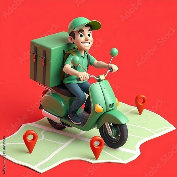 Obraz Create a vibrant 3D cartoon-style delivery man riding a bright green scooter