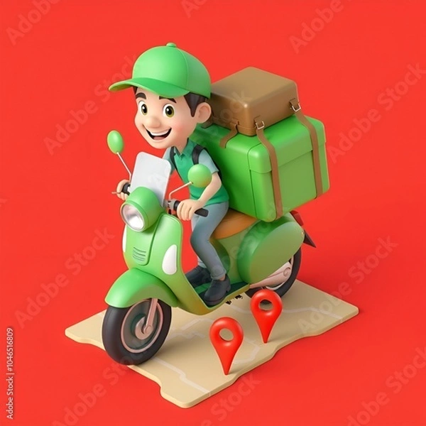 Fototapeta Create a vibrant 3D cartoon-style delivery man riding a bright green scooter