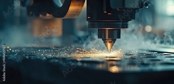 Fototapeta A laser-cut machine creating sparks of light, a close-up on the laser beam and the part being cut, a modern factory background with a copy space area for text. industrial and mechanical concept