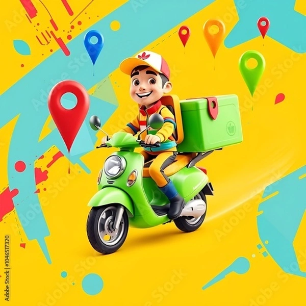 Obraz Create a vibrant 3D cartoon-style delivery man riding a bright green scooter
