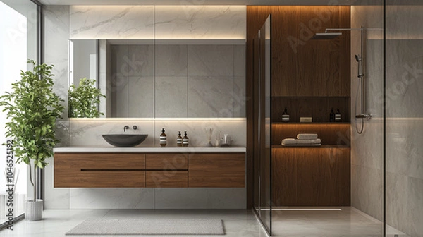 Fototapeta A sleek bathroom featuring a floating vanity