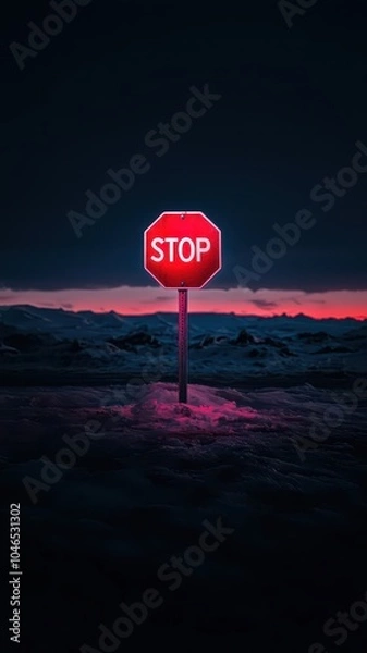 Fototapeta Isolated red stop sign against a dramatic sunset sky in a desolate landscape, symbolizing solitude and caution.