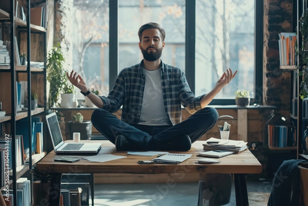 Fototapeta A man is sitting at a desk with a laptop and a stack of papers