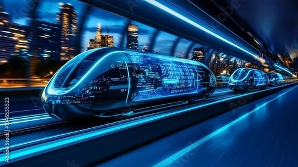 Obraz Futuristic high-speed train moving through a glowing city at night.