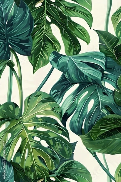 Fototapeta Luxurious Tropical Foliage: A Lush Pattern of Monstera and Palm Leaves on a Soft Beige Background, Perfect for Nature-Inspired Design Projects.