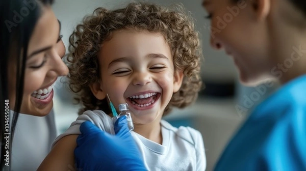 Fototapeta Mother and doughter smiling during nuse try to do vacine for child