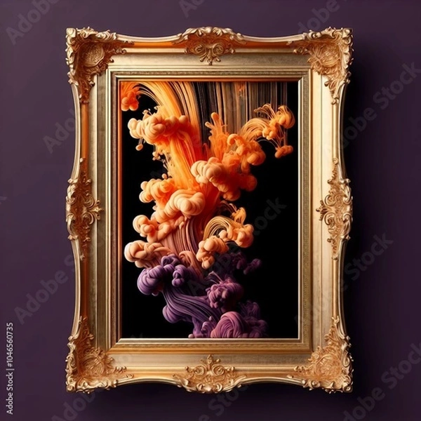 Fototapeta A golden frame with a purple and orange ink cloud explosion inside, creating a vibrant and artistic composition.