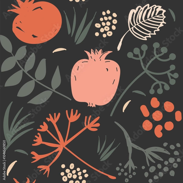 Fototapeta Seamless pomegranate and floral pattern on a black background, vector illustration