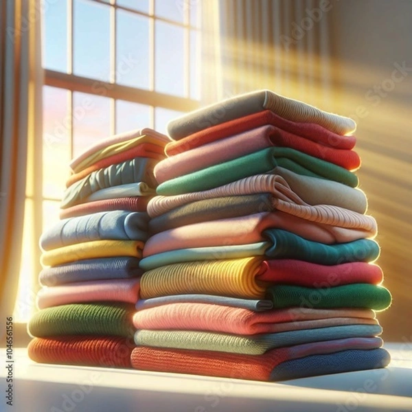 Fototapeta Two stacks of folded clothes in various colors are arranged in a room bathed in sunlight.