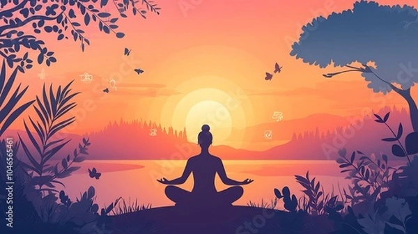 Obraz A calming sunrise scene with a meditating figure, surrounded by nature, with soft colors and icons symbolizing mindfulness and mental health