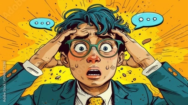 Fototapeta A worried young man in a suit expressing anxiety with colorful background and dialogue bubbles