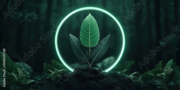 Obraz Eco-friendly green leaf logo in neon light circle frame for sustainable design
