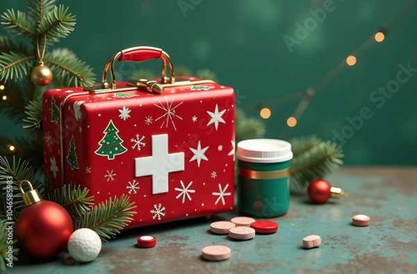 Obraz A Christmas-themed medical kit with red and green wrapping, copyspace 