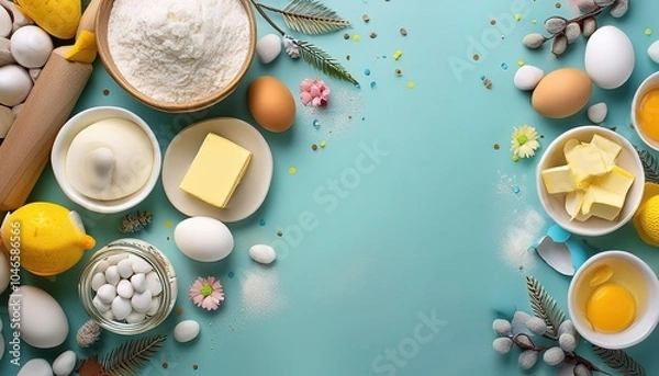 Fototapeta easter eggs in a basket on blue background,  baking essentials like sugar, butter, yogurt, eggs, and flour arranged from a top view, with empty space for text