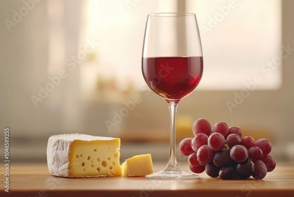 Fototapeta Elegant wine glass filled with rich red liquid, accompanied by grapes and cheese, bathed in warm ambient light.