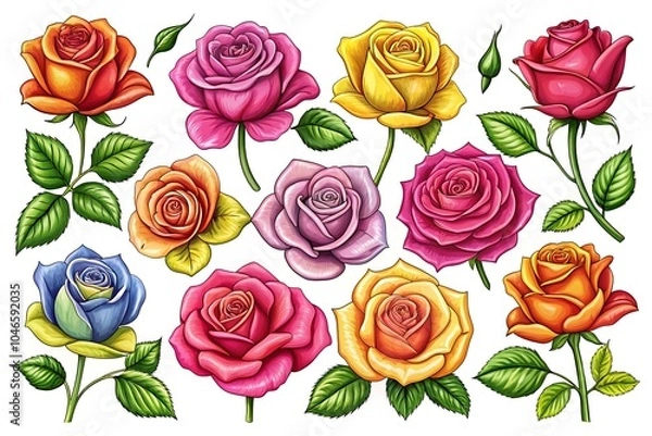 Fototapeta Rose Vector Set for Designs. Beautiful Flower Vector Art. Elegant Roses in Vector. Romantic Rose Illustrations. Gorgeous Rose Art Set.
