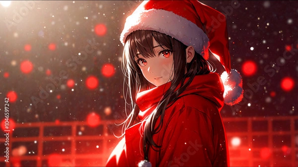 Obraz サンタクロースの服を着たアニメ調の美少女と雪景色