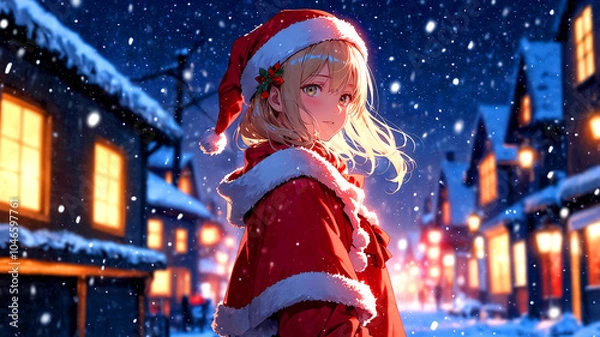 Obraz サンタクロースの服を着たアニメ調の美少女と雪景色