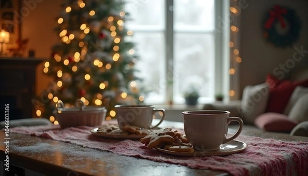 Fototapeta A warm holiday scene featuring a cozy table set with mugs of hot chocolate and gingerbread, complemented by a large Christmas tree in the background. Text can be added on the snowy windowsill.