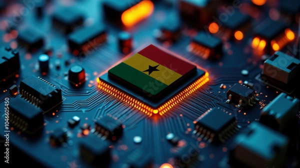 Obraz A microprocessor with the Ghana flag is embedded on a circuit board, highlighted by glowing lights, showcasing influence in global semiconductor and computing technology.