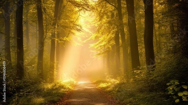 Fototapeta A pathway through a misty forest with sunlight filtering through leaves.