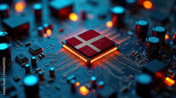 Fototapeta A Denmark flagged microchip is centered on a circuit board, surrounded by illuminated components, symbolizing role in semiconductor innovation and technology leadership.