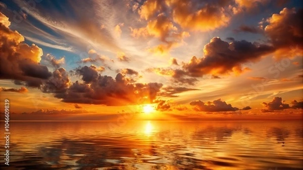 Fototapeta sunset landscape with orange sky, sun, clouds and depth of field