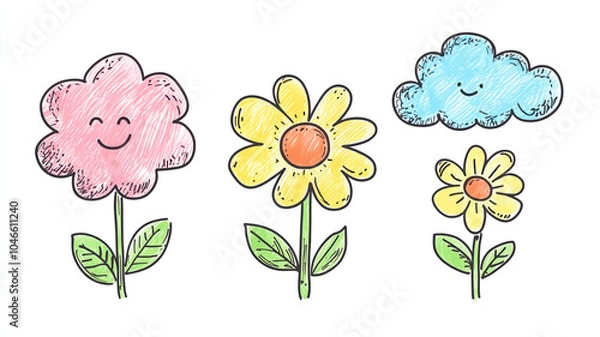 Fototapeta An adorable illustration of a child surrounded by flowers and fluffy clouds, capturing the essence of summer with vibrant colors and a cheerful, playful atmosphere.