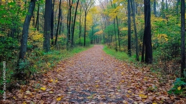 Fototapeta A leaf-covered path leading into a dense forest.