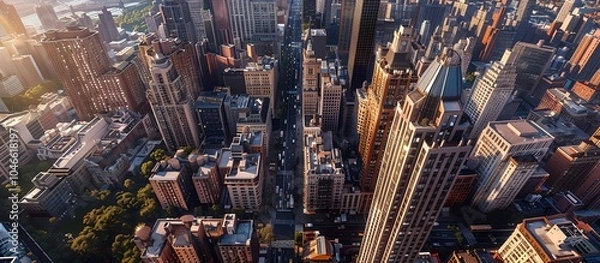 Fototapeta The image shows a bird's eye view of a cityscape with many tall buildings, captured from an elevated perspective.
