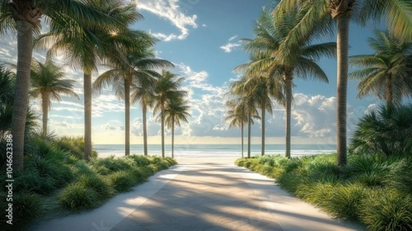 Fototapeta A scenic pathway lined with palm trees leads to a beautiful beach with blue skies and white clouds.