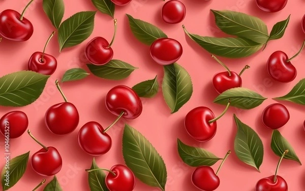 Fototapeta Fresh Red Cherries with Leaves - Summer Fruit Pattern, tileable seamless texture pattern for packaging