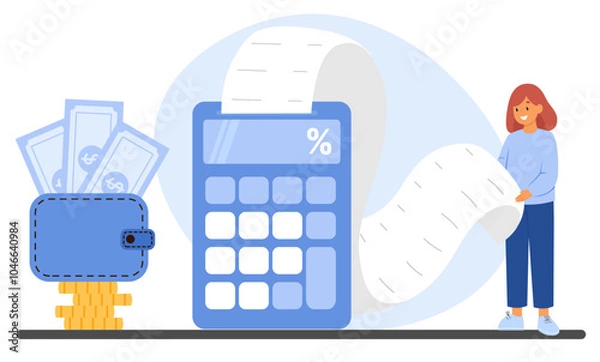 Fototapeta Woman reviewing a long receipt with a calculator and wallet to manage finances and budget
