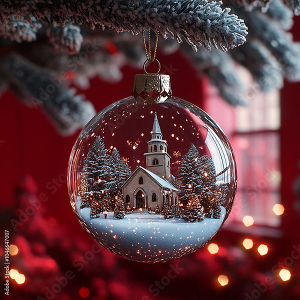 Fototapeta A Christmas bauble made of clear glass with a snow-covered church inside that is suspended from a Christmas tree branch