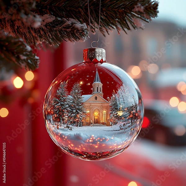 Fototapeta A Christmas bauble made of clear glass with a snow-covered church inside that is suspended from a Christmas tree branch