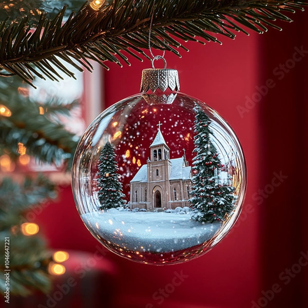Fototapeta A Christmas bauble made of clear glass with a snow-covered church inside that is suspended from a Christmas tree branch