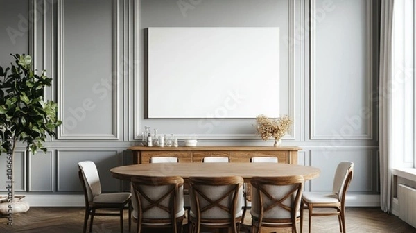 Fototapeta Elegant dining room with a blank canvas above the sideboard