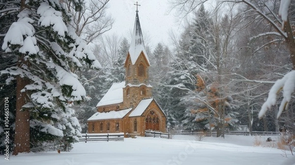 Fototapeta Charming Village Church in Winter, a quaint church with a steeple rising through gentle snowfall, embraced by trees blanketed in pristine white snow.