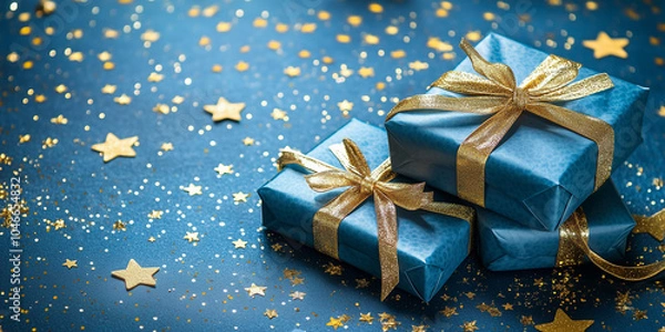 Fototapeta Christmas background with blue gift boxes. Generated AI