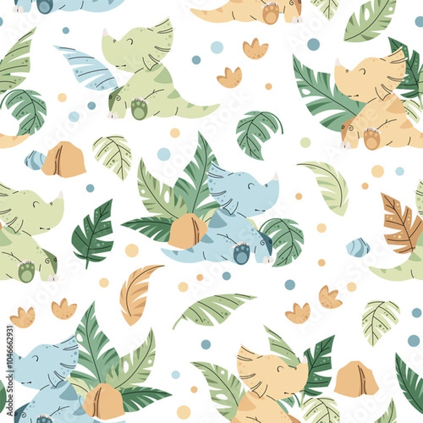 Fototapeta Seamless pattern with cute dinosaurs in flat style. Endless background with baby dinosaur, tropical plants and footprints. Kiddie background for fabric, wallpaper, wrapping paper, scrapbooking, etc.
