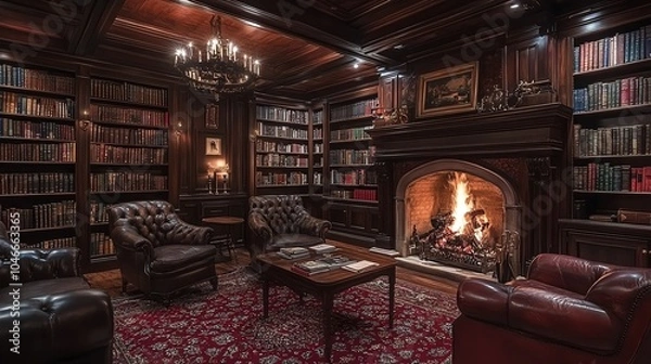 Fototapeta Elegant library with books and a fireplace.